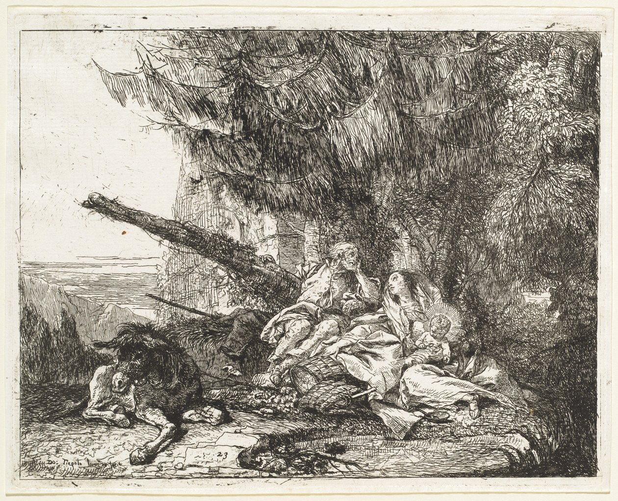 Resten på flugten, med hellig familie under et træ af Giovanni Domenico Tiepolo