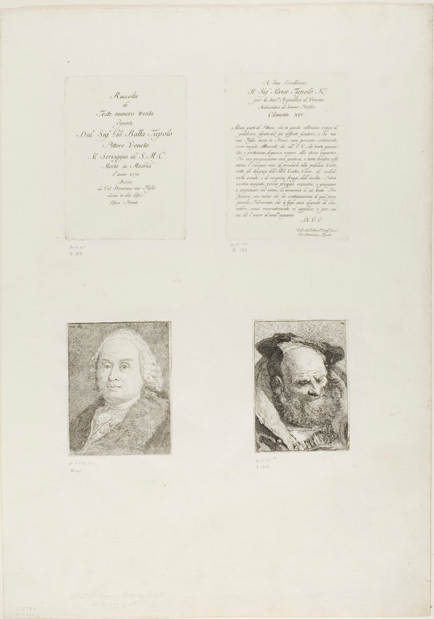 Titelblad, dedikation, portræt af Giambattista Tiepolo, skægget gammel mand af Giovanni Domenico Tiepolo