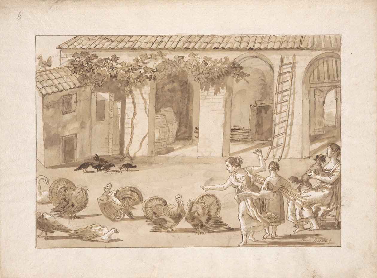 Kalkuner i en venetiansk gård, den tredje tegning i Tiepolo af Giovanni Domenico Tiepolo