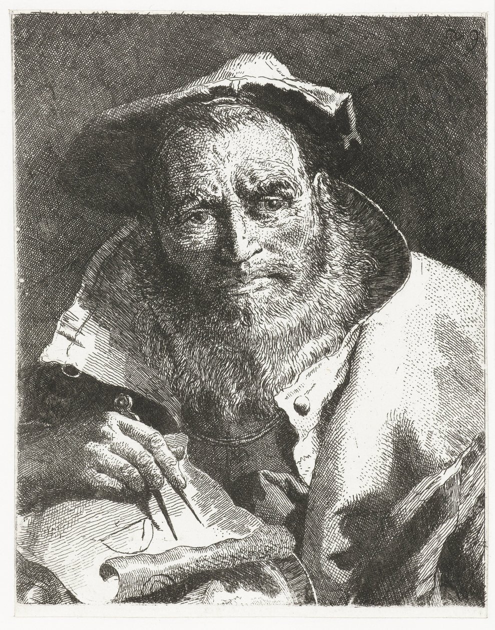 Videnskabsmand med baret på hovedet og kompas i hånden Samling af hoveder (serietitel) Raccolta di Teste (serietitel) af Giovanni Domenico Tiepolo