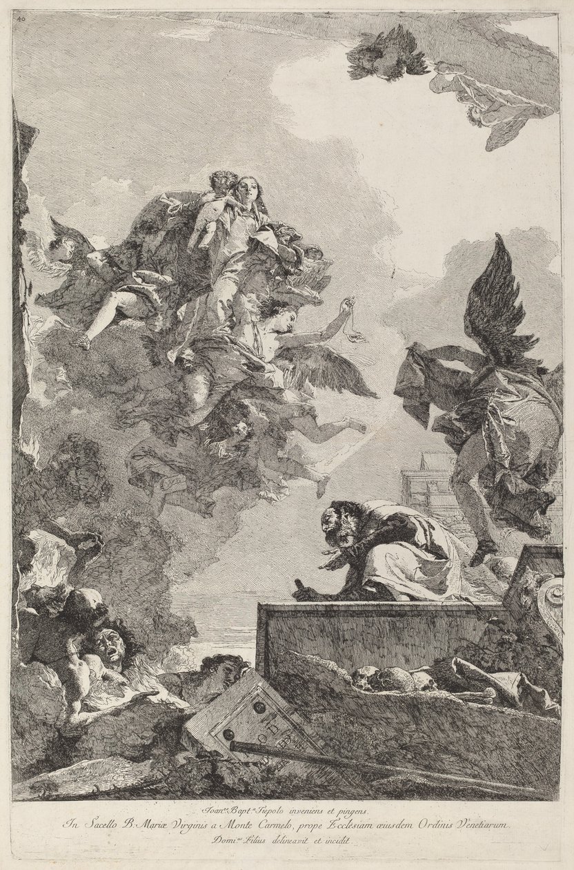 Madonna del Carmelo dukker op for Saint Simon Stock af Giovanni Domenico Tiepolo after Giovanni Battista Tiepolo