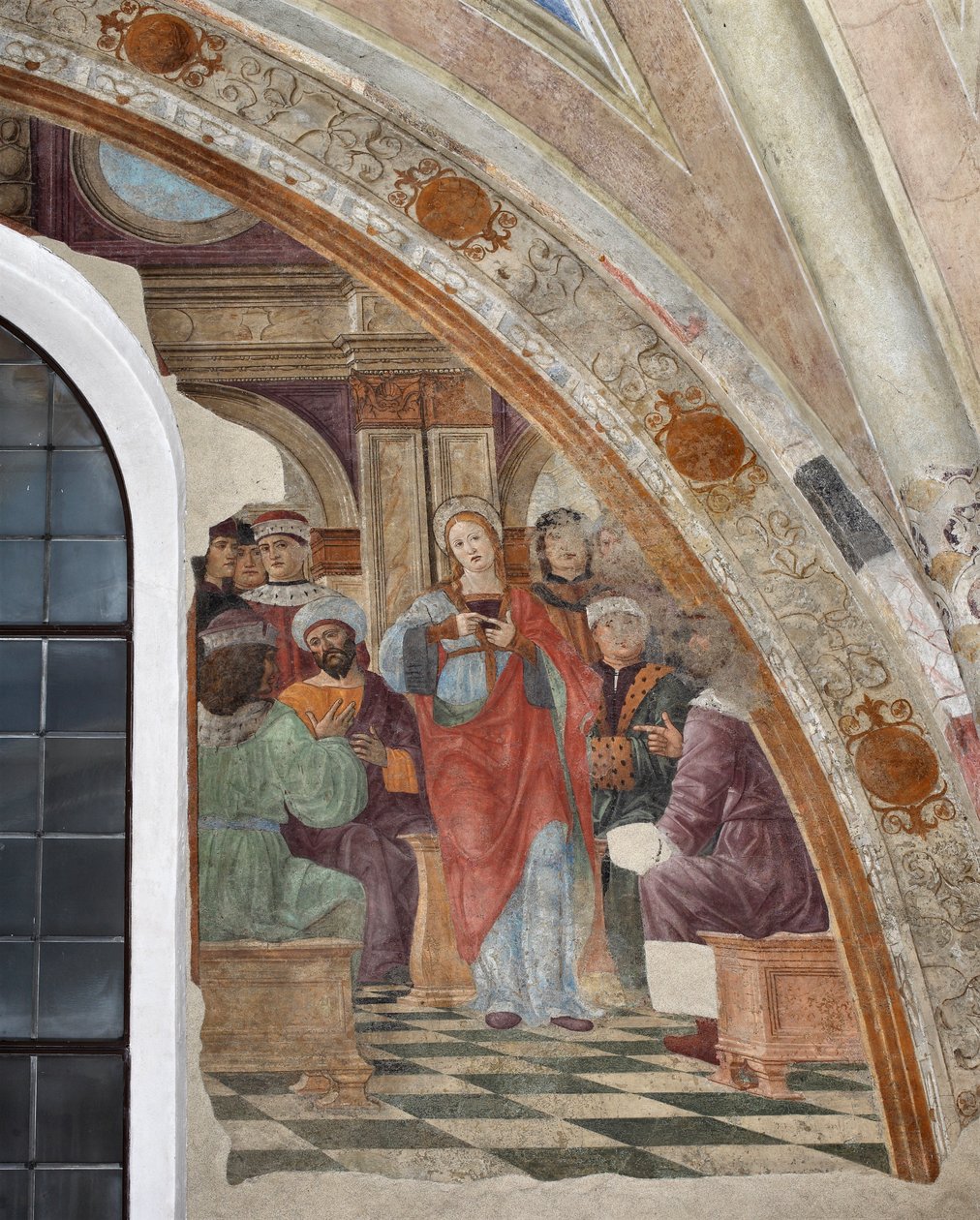 Repræsentation af striden mellem den hellige Katarina af Alexandria og hedningene Frescoe af Giovanni Donato da Montorfano (1460-1502) Milano, Basilica of Santa Maria delle Grazie af Giovanni Donato Montorfano