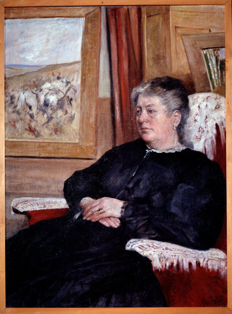 An old woman in an armchair wearing a black dress - Painting by Giovanni Fattoridani af Giovanni Fattori