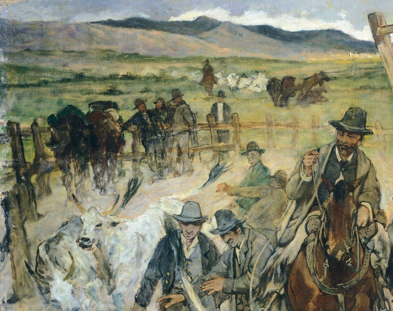 Branding af unge tyre i Maremma, ca. 1887, af Giovanni Fattori (1825-1908), 86x172 cm, detalje af Giovanni Fattori