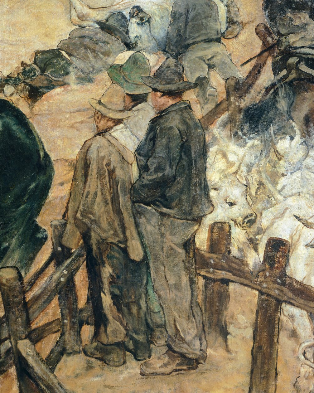Branding af unge tyre i Maremma, ca. 1887, af Giovanni Fattori (1825-1908), 86x172 cm, detalje af Giovanni Fattori