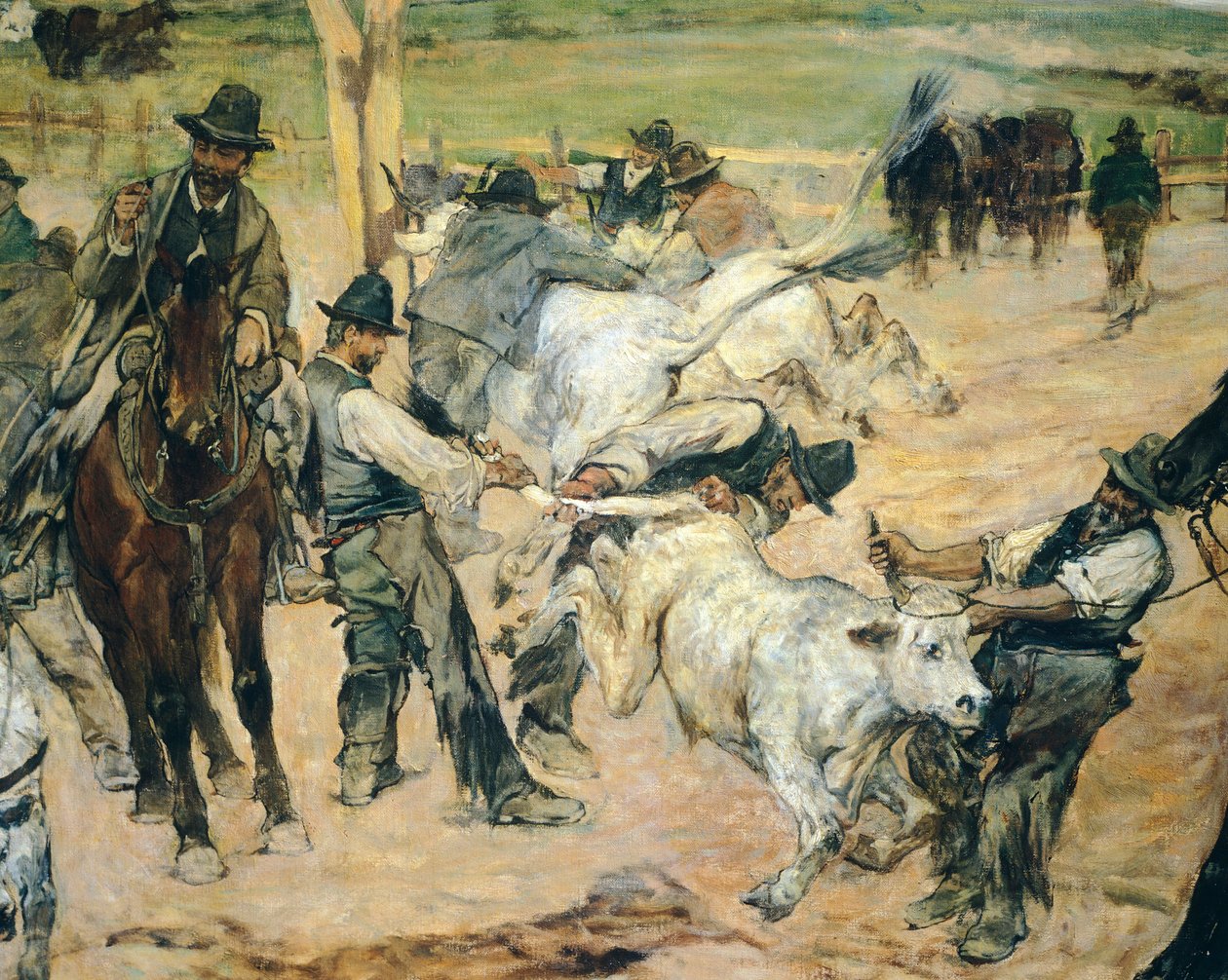 Branding af unge tyre i Maremma, ca. 1887, af Giovanni Fattori (1825-1908), 86x172 cm, detalje af Giovanni Fattori
