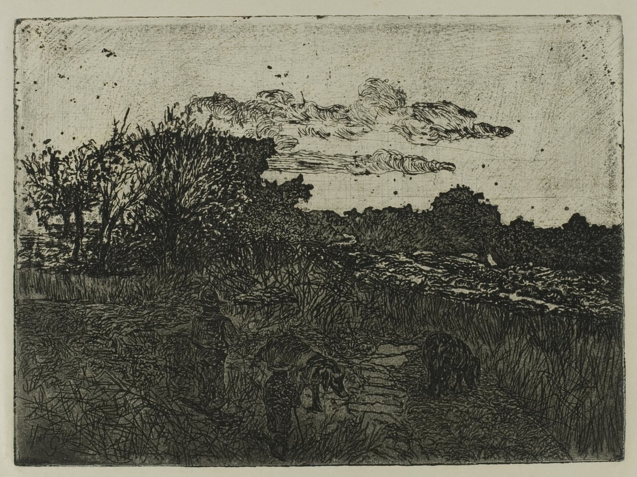 Land ved solnedgang med svinehyrder af Giovanni Fattori