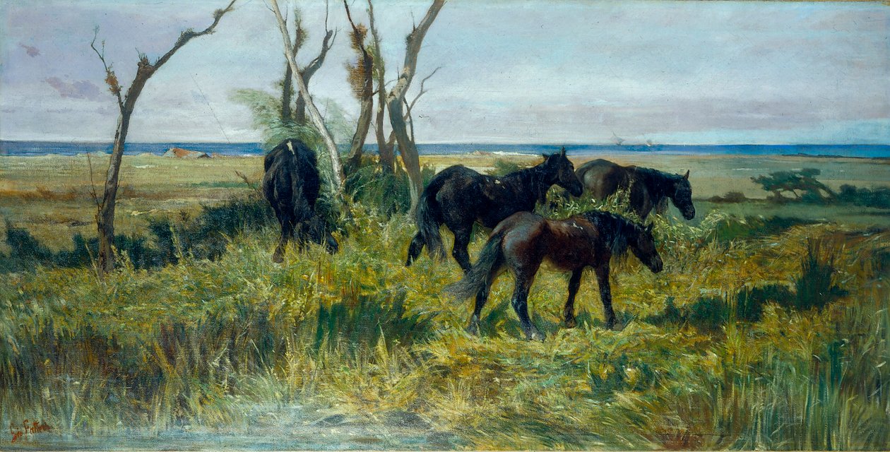 Græsgange i Maremma. Græssende heste, ca. 1872 (olie på lærred) af Giovanni Fattori