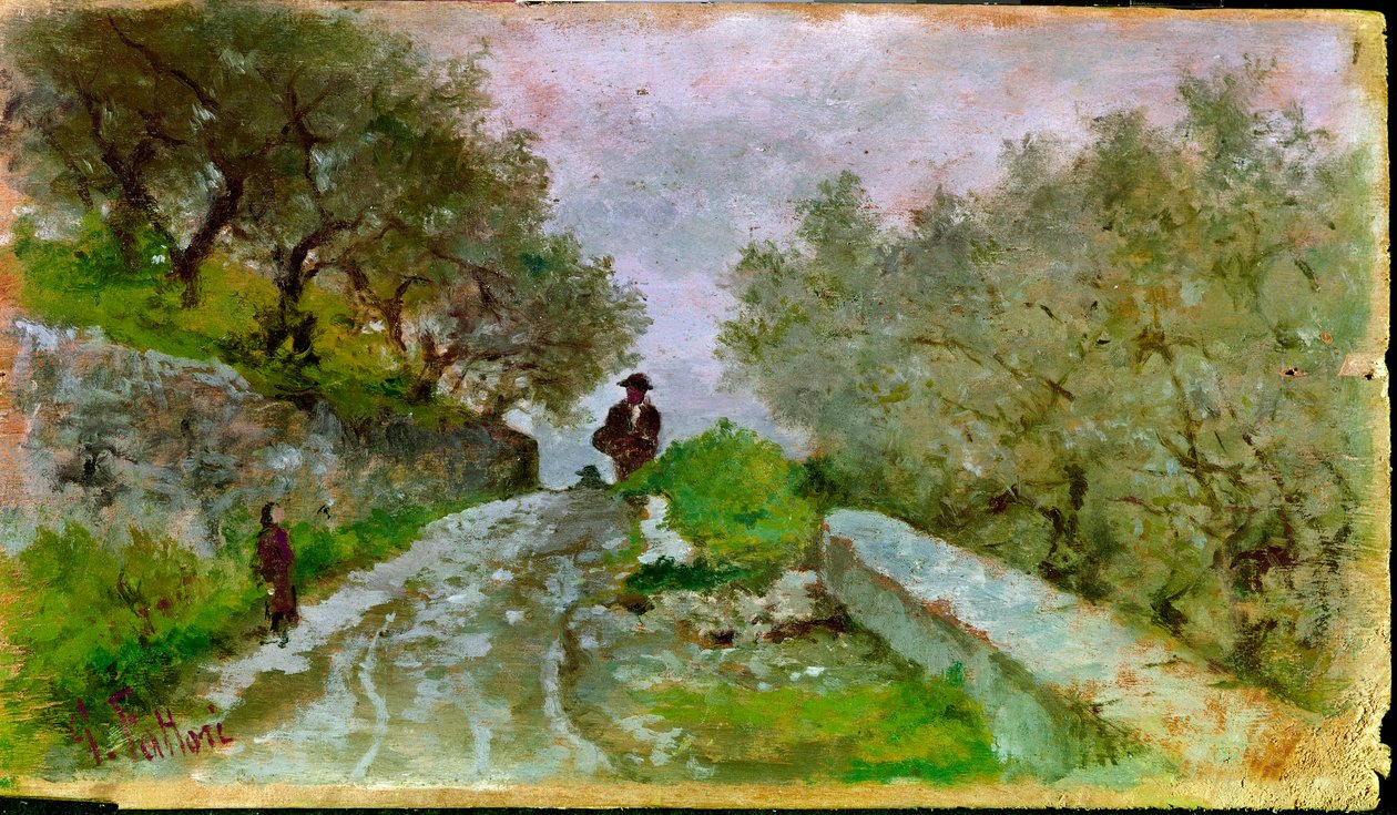 Path to the Olives with Walkers Painting af Giovanni Fattori (1825-1908) af Giovanni Fattori