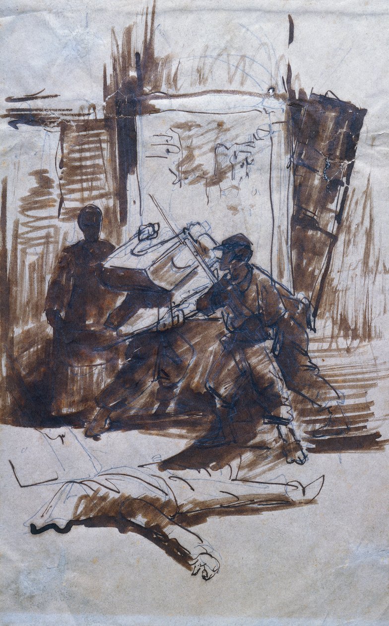 Soldater i aktion i et hus af Giovanni Fattori
