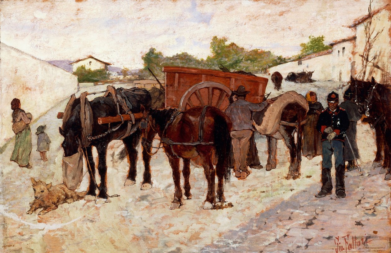 Stop i Maremma eller scene for livet på landet af Giovanni Fattori (1825-1908), olie på lærred, 28x42 cm af Giovanni Fattori