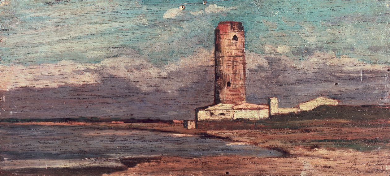 The Tower of Marzocco, eller Red Tower af Giovanni Fattori (1825-1908), olie på panel af Giovanni Fattori