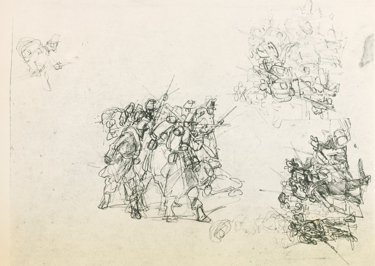 Tre skitser til grupper af soldater (sort blyant) af Giovanni Fattori