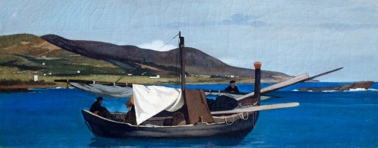 Tip af Romito med båd og fiskere, af Giovanni Fattori (1825-1908), olie på panel, 22,5x56,5 cm af Giovanni Fattori