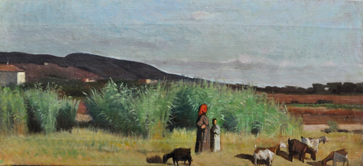 To bondekvinder med flokke på landet i Livorno, ca. 1865 (olie på lærred) af Giovanni Fattori