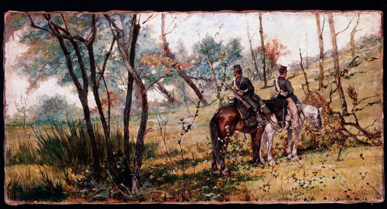 To soldater rider under træerne (To heste-legere) - Maleri af Giovanni Fattori
