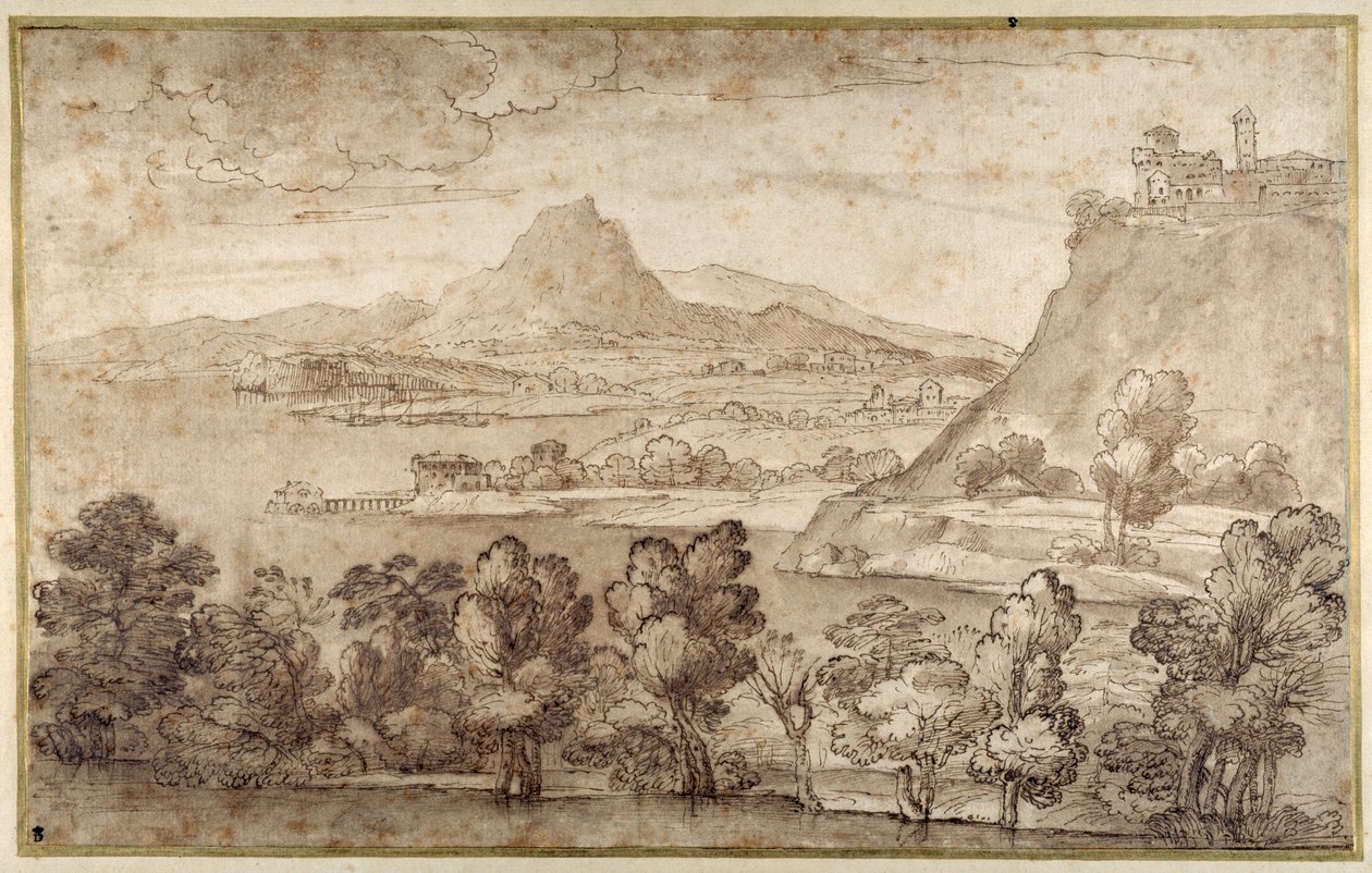 Landskab med en bakkeby og et mere fjernt bjerg (pen & brunt blæk med brun vask på hvidt papir) af Giovanni Francesco Grimaldi