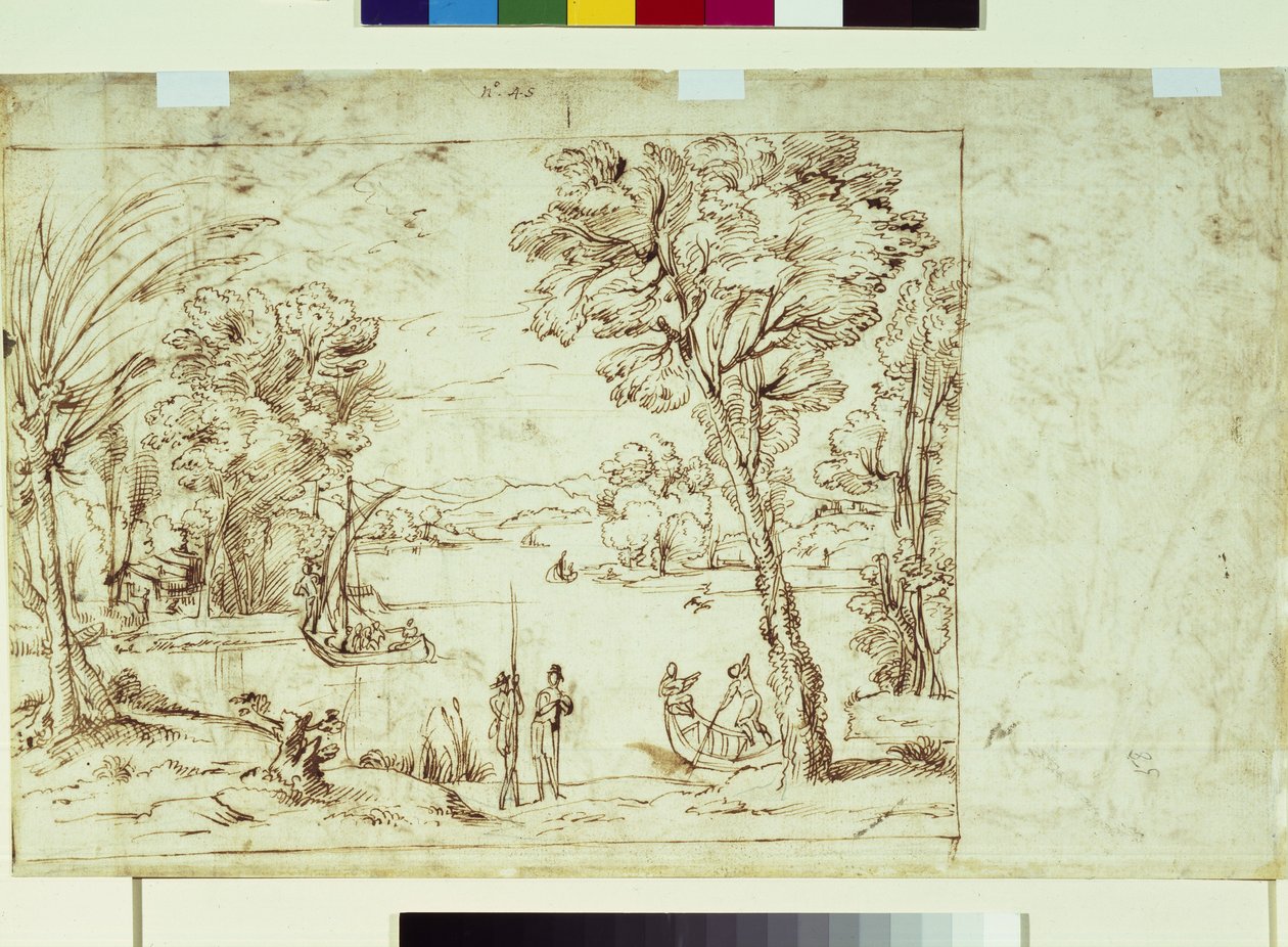 Landskab med figurer på en flodbred (pen og blæk på papir) af Giovanni Francesco Grimaldi