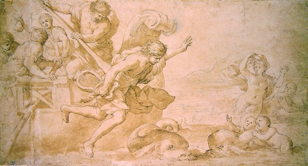 Arion og delfinerne (pen og brunt blæk og vask på papir) af Giovanni Francesco Romanelli