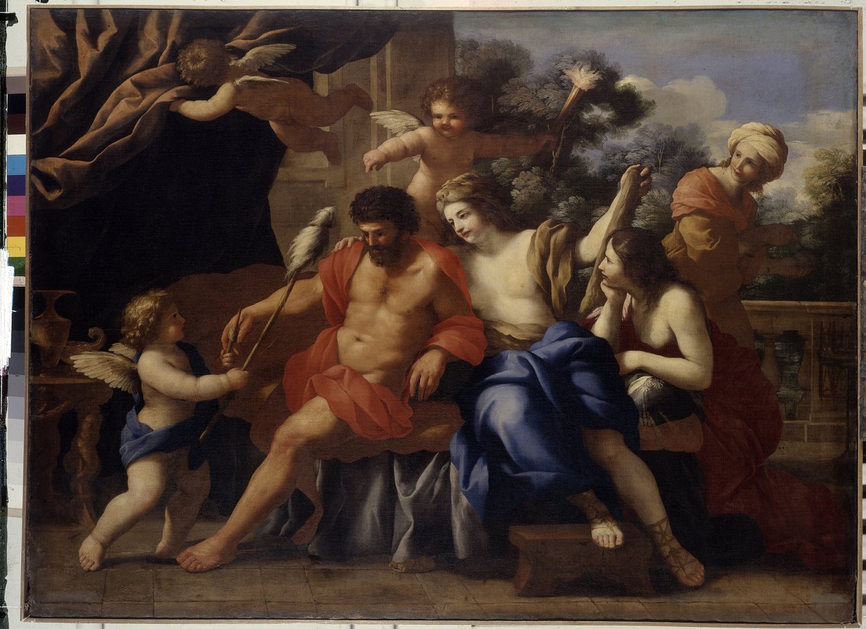 Hercules og Omphale (Hercules og Omphale). Maleri af Giovanni Francesco Romanelli (1610-1662), olie på lærred, ca. 1650. Italiensk kunst af Giovanni Francesco Romanelli