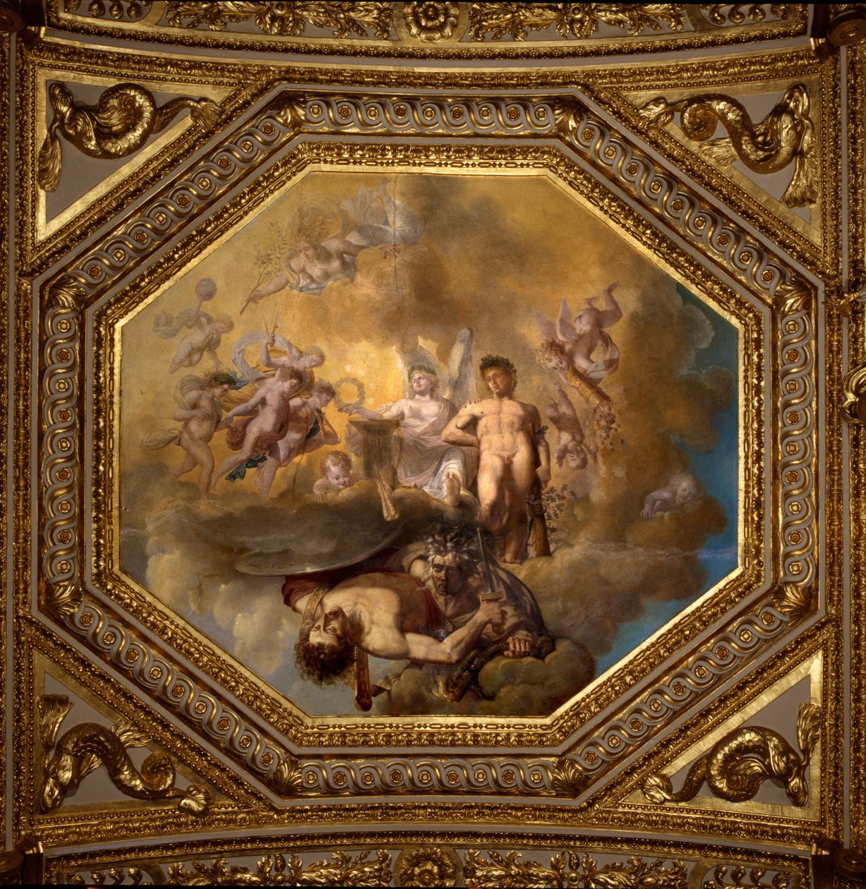 Se at dræbe Meduse. Maleri af Giovanni Romanelli (1601-1662), der dekorerer loftet i Antonine Hall, soveværelse i sommerlejlighederne hos Dronning Anne af Østrig (1601-1666). Omkring 1655-1658. Paris, Louvre-museet. af Giovanni Francesco Romanelli