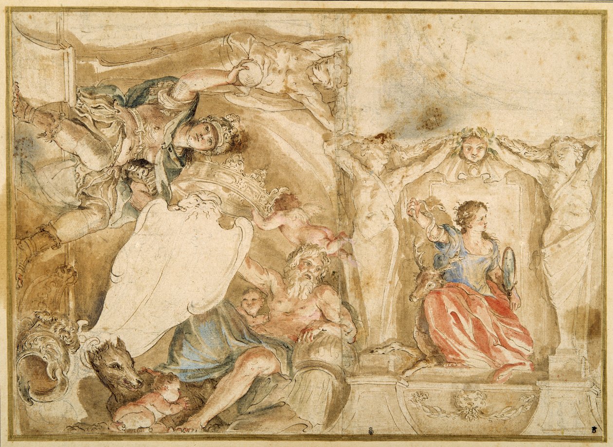 Allegorisk udsmykning til det ene hjørne af et buet loft (pen & blæk med vask, akvarel & gouache over kridt på papir) af Giovanni Francesco Romanelli