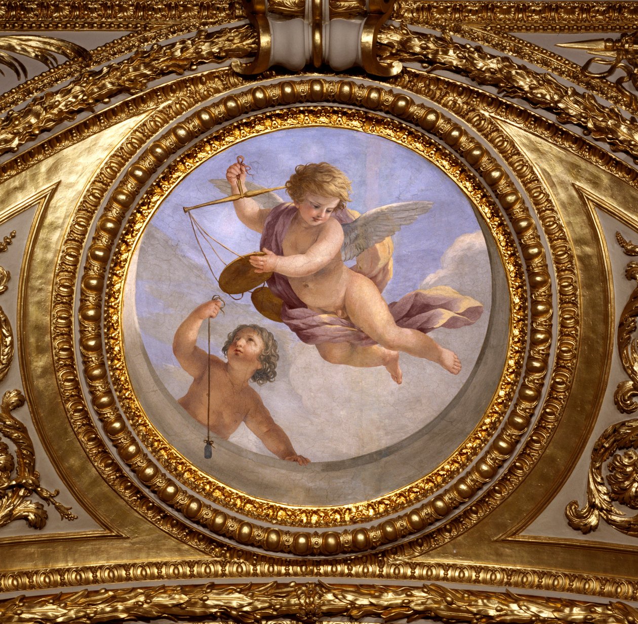 Kærlighed til retfærdighed. Maleri af Giovanni Romanelli (1601-1662), der dekorerer loftet i Antonine Hall, soveværelse i sommerlejlighederne hos Dronning Anne af Østrig (1601-1666). Omkring 1655-1658. Paris, Louvre-museet. af Giovanni Francesco Romanelli