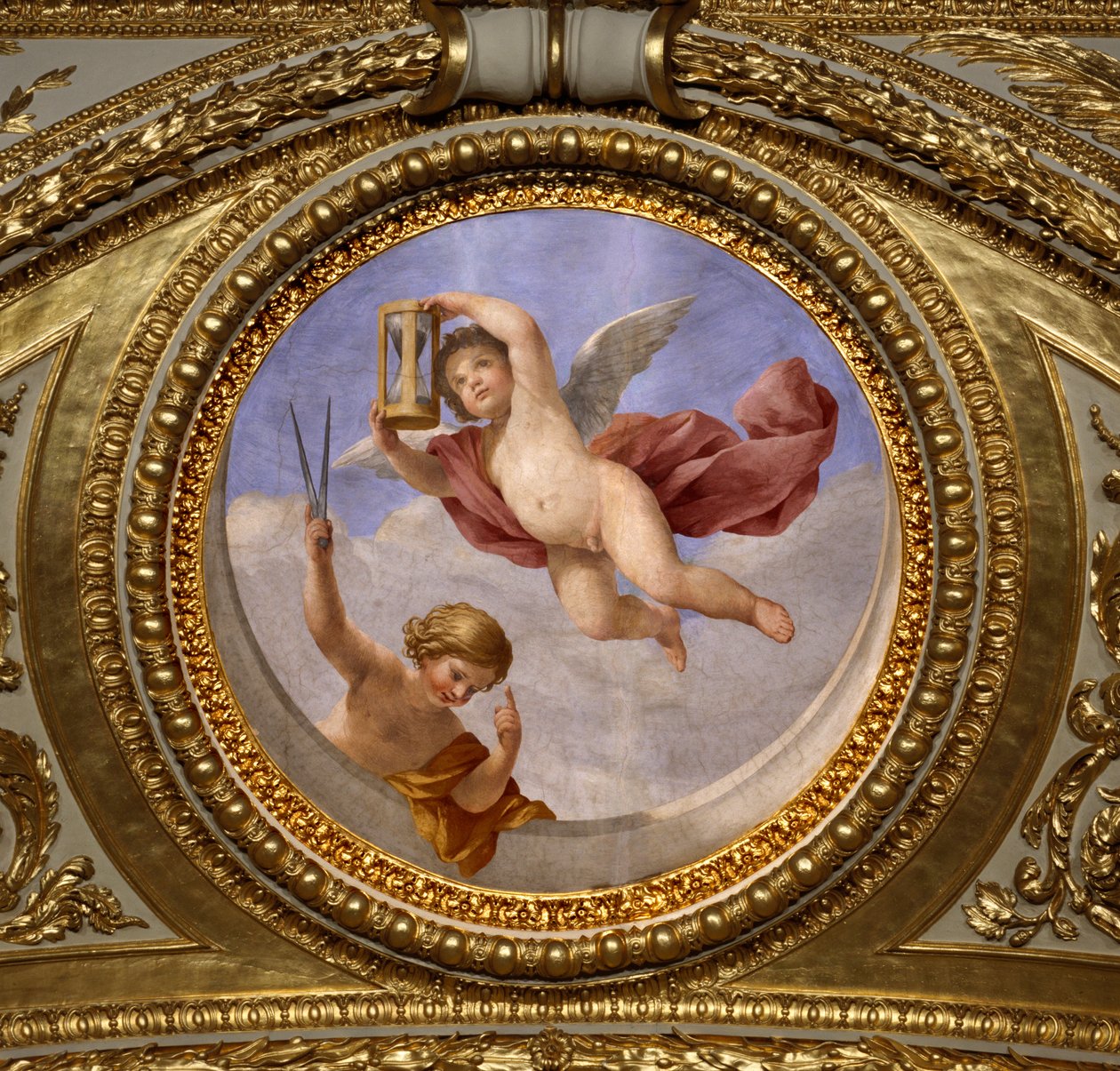 Kærlighed til Forsigtighed. Maleri af Giovanni Romanelli (1601-1662), der dekorerer loftet i Antonine Hall, soveværelse i sommerlejlighederne hos Dronning Anne af Østrig (1601-1666). Omkring 1655-1658. Paris, Louvre-museet. af Giovanni Francesco Romanelli