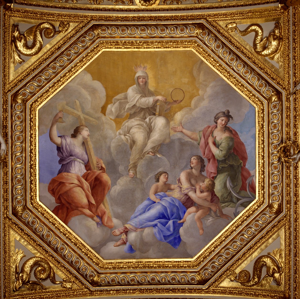 Religion og teologiske dyder (tro, næstekærlighed, esperance). Maleri af Giovanni Romanelli (1601-1662), der dekorerer loftet i Antonine Hall, soveværelse i sommerlejlighederne hos Dronning Anne af Østrig (1601-1666). Omkring 1655-1658. Paris, Louvre Mus af Giovanni Francesco Romanelli