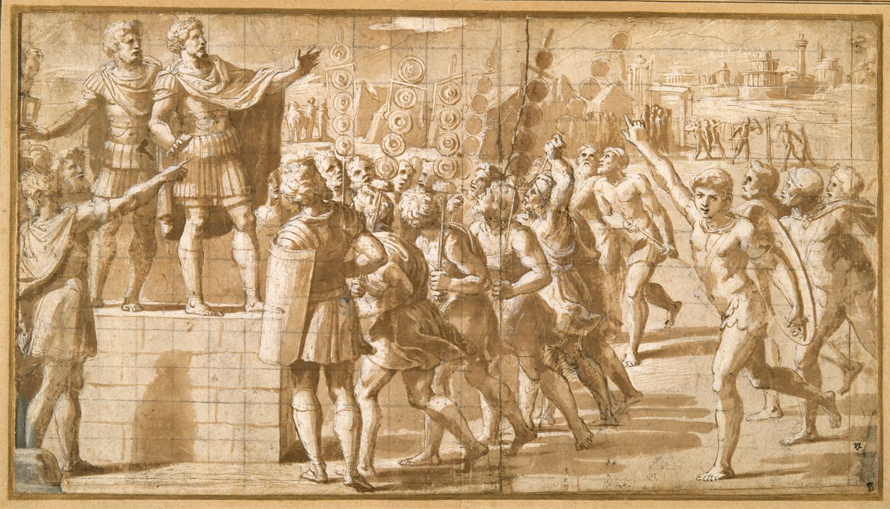 Kejser Konstantin henvendte sig til sine tropper, forskrækket over synet af korset på himlen (pen og blæk på papir) af Giovanni Francesco (c.1488 1528) Penni