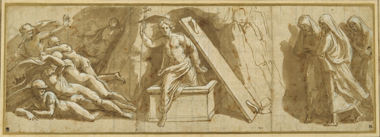Opstandelsen (pen & brunt blæk og hvid kropsfarve på papir) af Giovanni Francesco (c.1488 1528) Penni