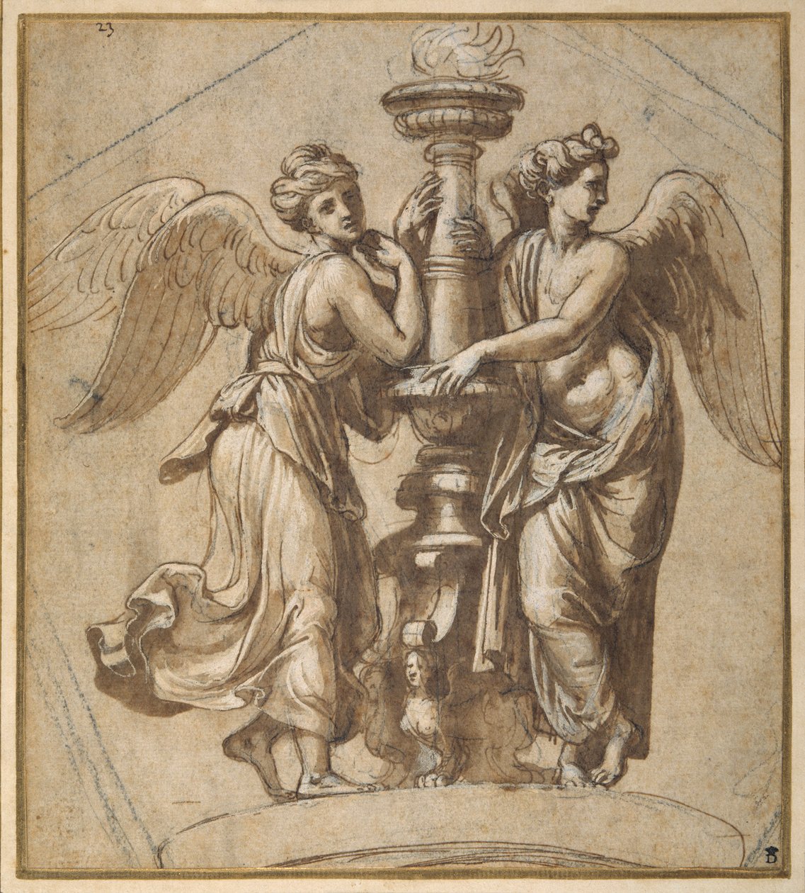 Sejre, der omfavner en kandelaber (pen og brunt blæk med sort kridt på papir) af Giovanni Francesco (c.1488 1528) Penni