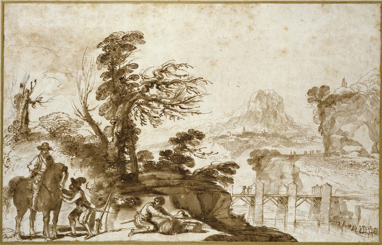 Landskab med en rytter og en bro (pen og vask i brunt blæk med noget sort kridt på råhvidt papir) af Giovanni Francesco Barbieri