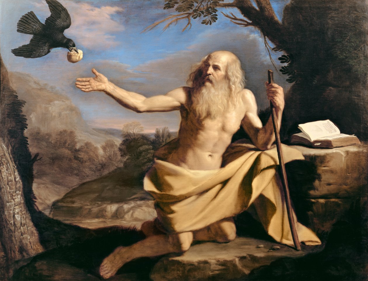 Eremitten Paulus bliver fodret af ravnen af Giovanni Francesco Barbieri
