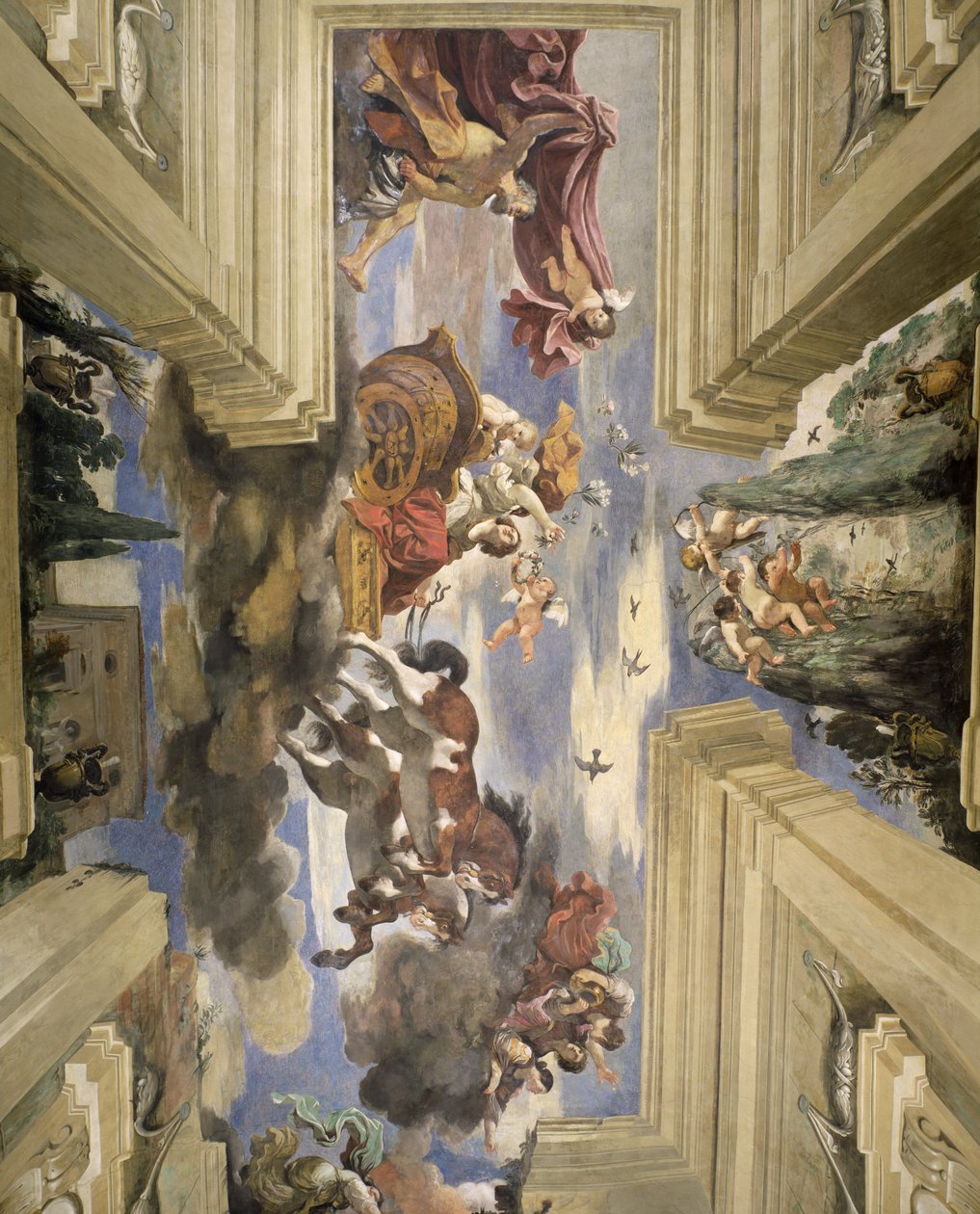 Sala di Aurora Daggryets sal, detalje af loftet med en afbildning af Daggryets vogn, 1621 tempera på panel af Giovanni Francesco Barbieri