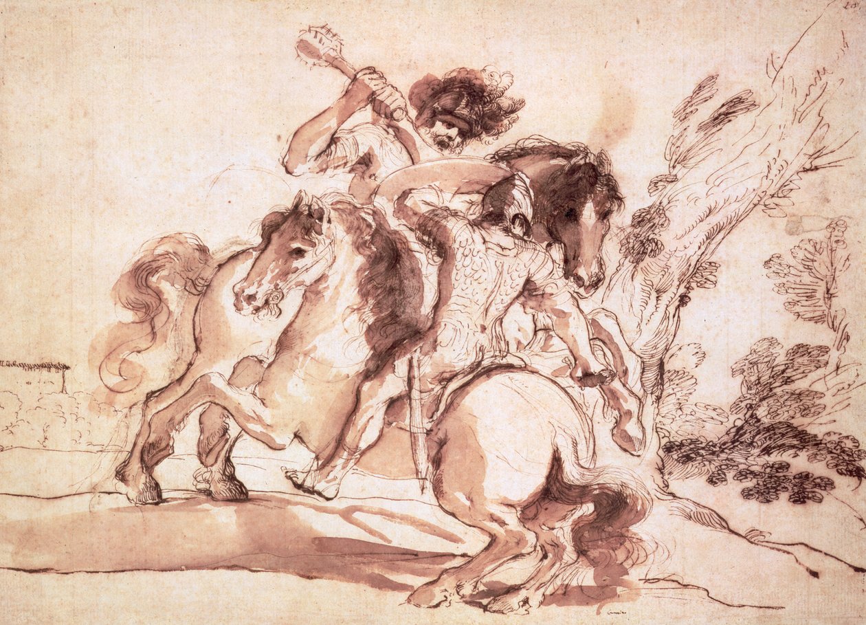 Two Horsemen Fighting (pen og blæk og vask på papir) af Giovanni Francesco Barbieri