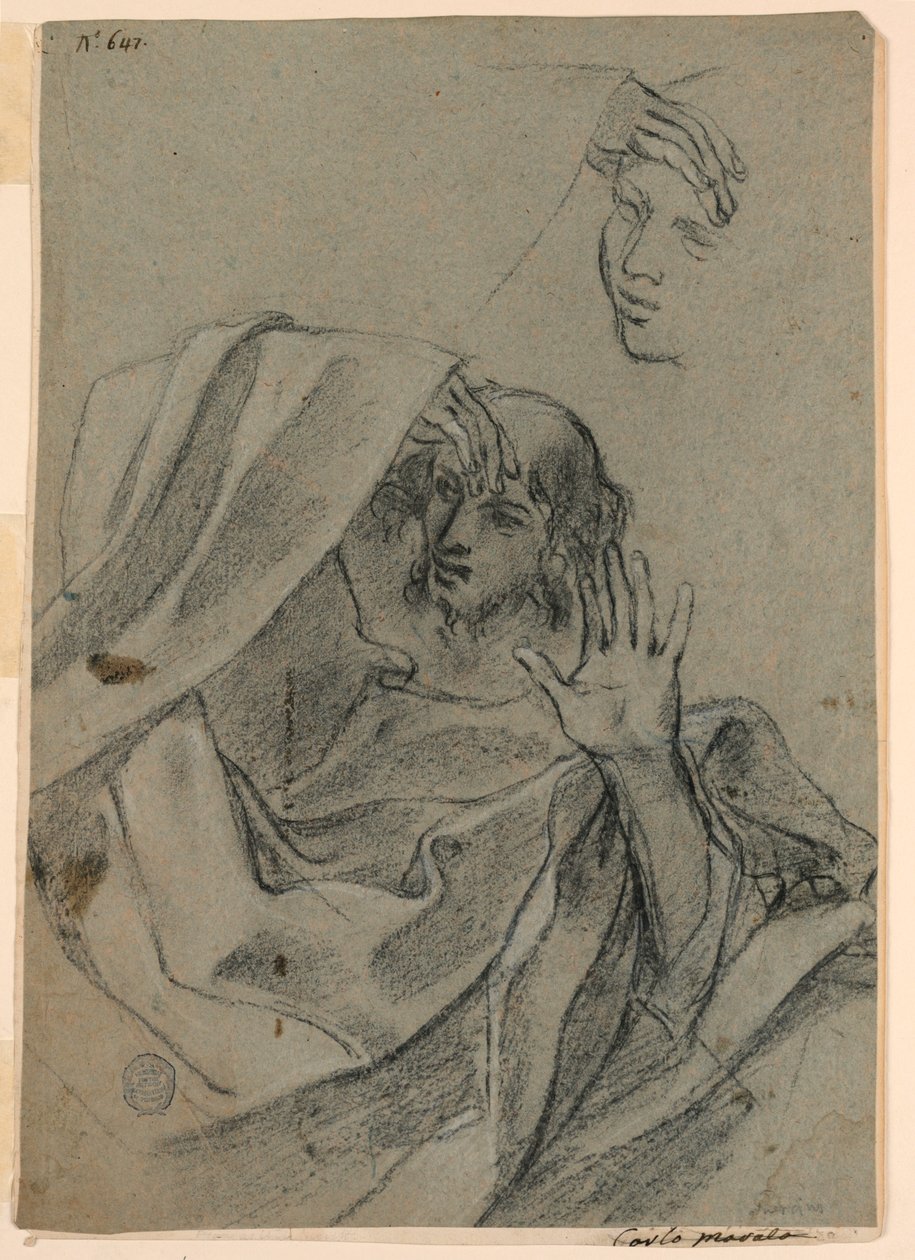Tegnestudier med kvindeansigt og mand tilbagelænet og højre hånd med underarm af Giovanni Francesco Barbieri