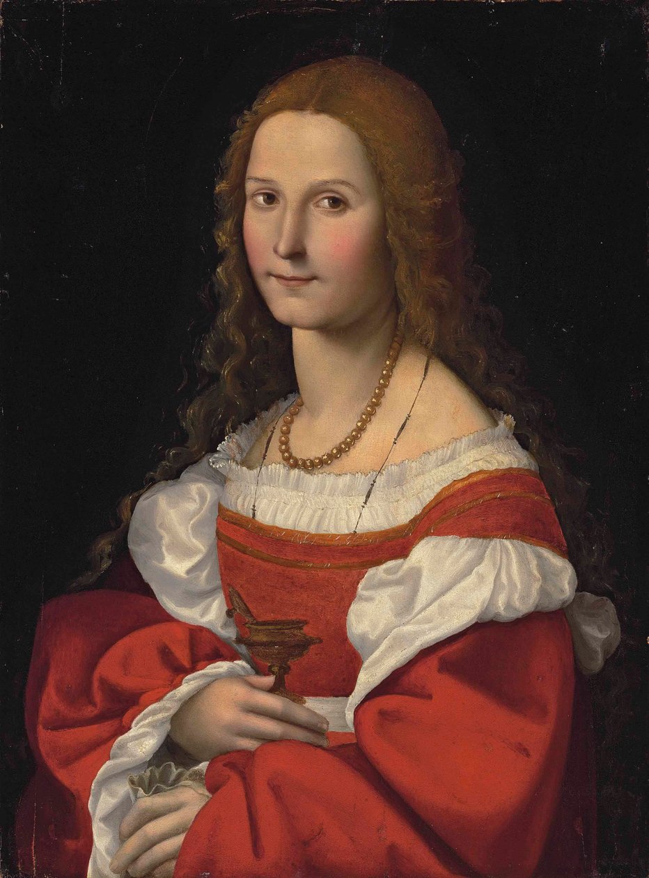 Portræt af en dame som Maria Magdalene, i halv længde, i rød kjole og perlekæde af Giovanni Francesco Caroto