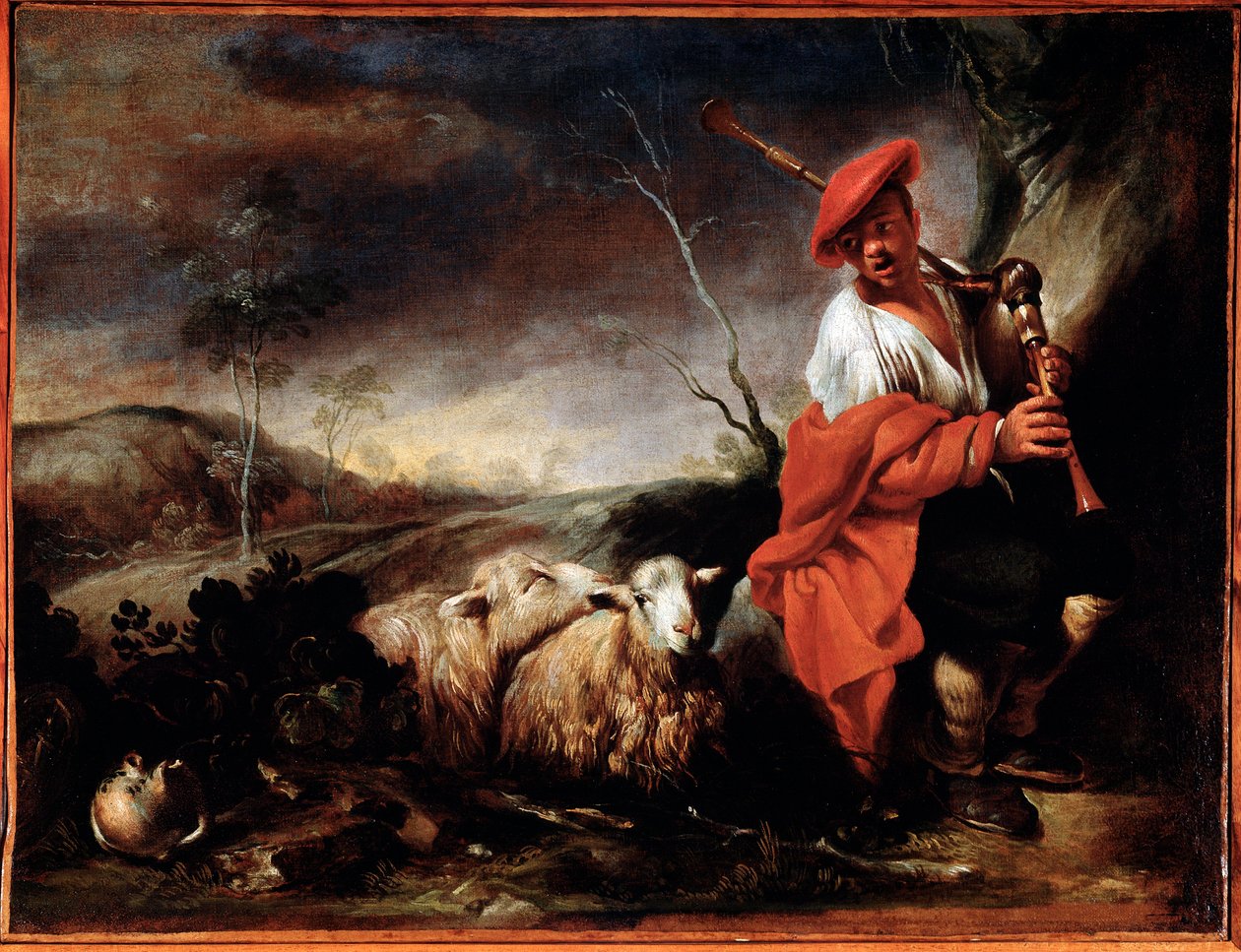 Hyrde spiller sækkepibe med sine får Maleri af Giovanni Francesco Castiglione (1641 / 42-1716) Genes, Musei di Strada Nuova (ex Palazzo Bianco) af Giovanni Francesco Castiglione