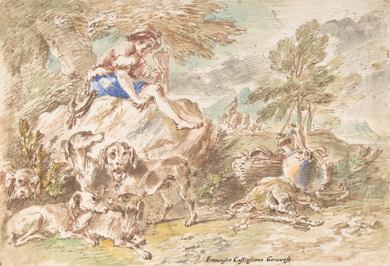 Ung jæger med sine hunde i et landskab, 1641-1710. af Giovanni Francesco Castiglione