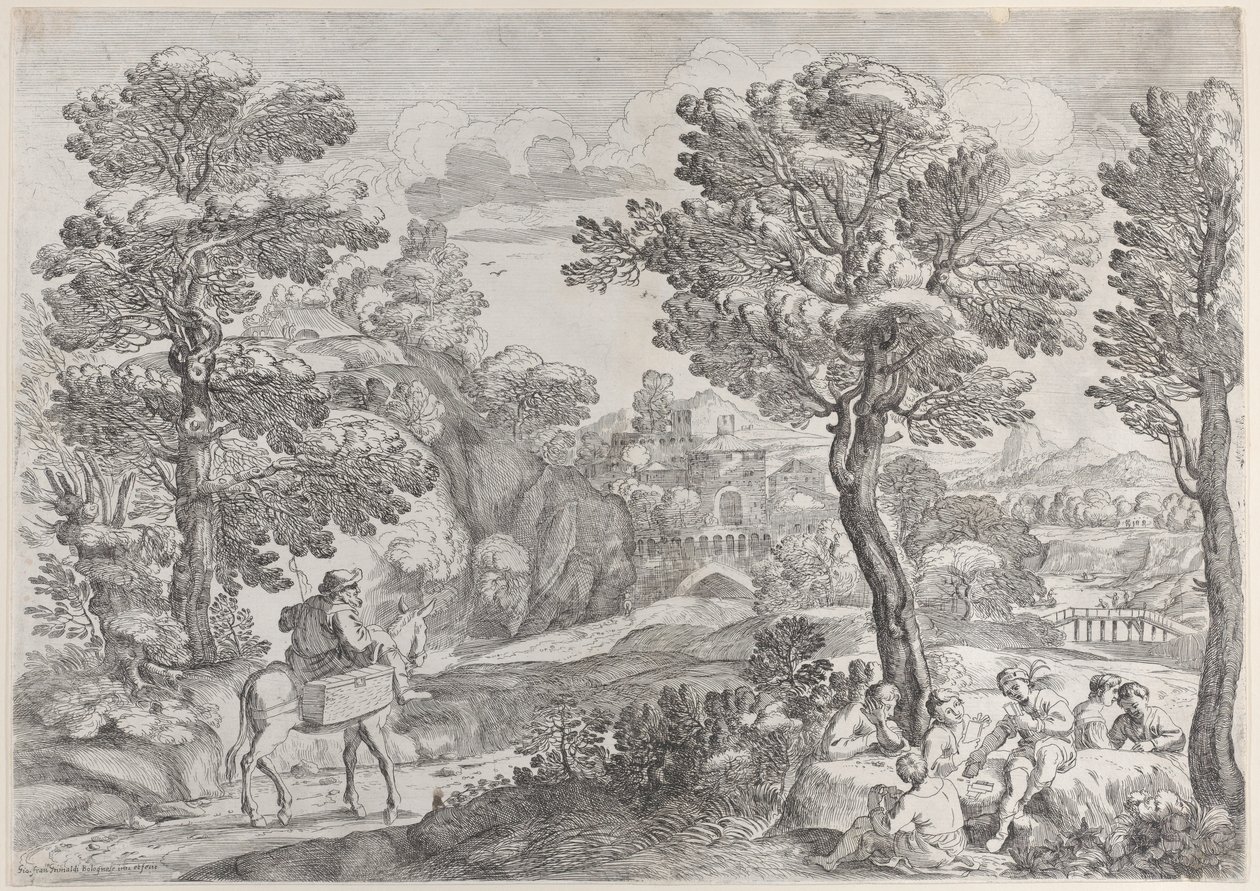 En gruppe mennesker, der spiller kort til højre og en mand til hest til venstre, 1626-80. af Giovanni Francesco Grimaldi