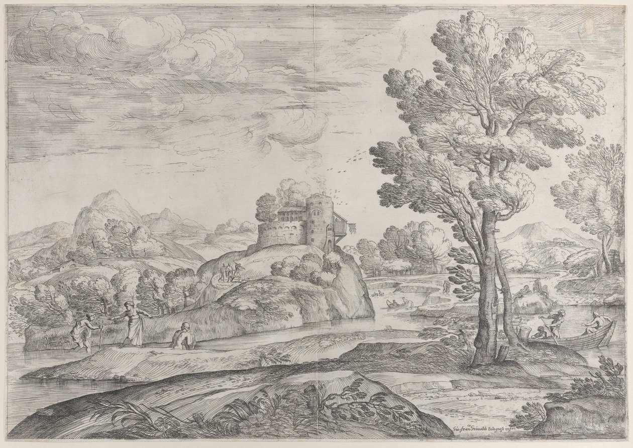 Et hus på toppen af en rund sten i midten, mennesker i floden og i kanoer, 1626-80. af Giovanni Francesco Grimaldi