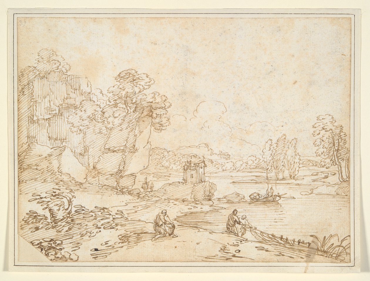Klipper ved flodbredden med fiskere af Giovanni Francesco Grimaldi