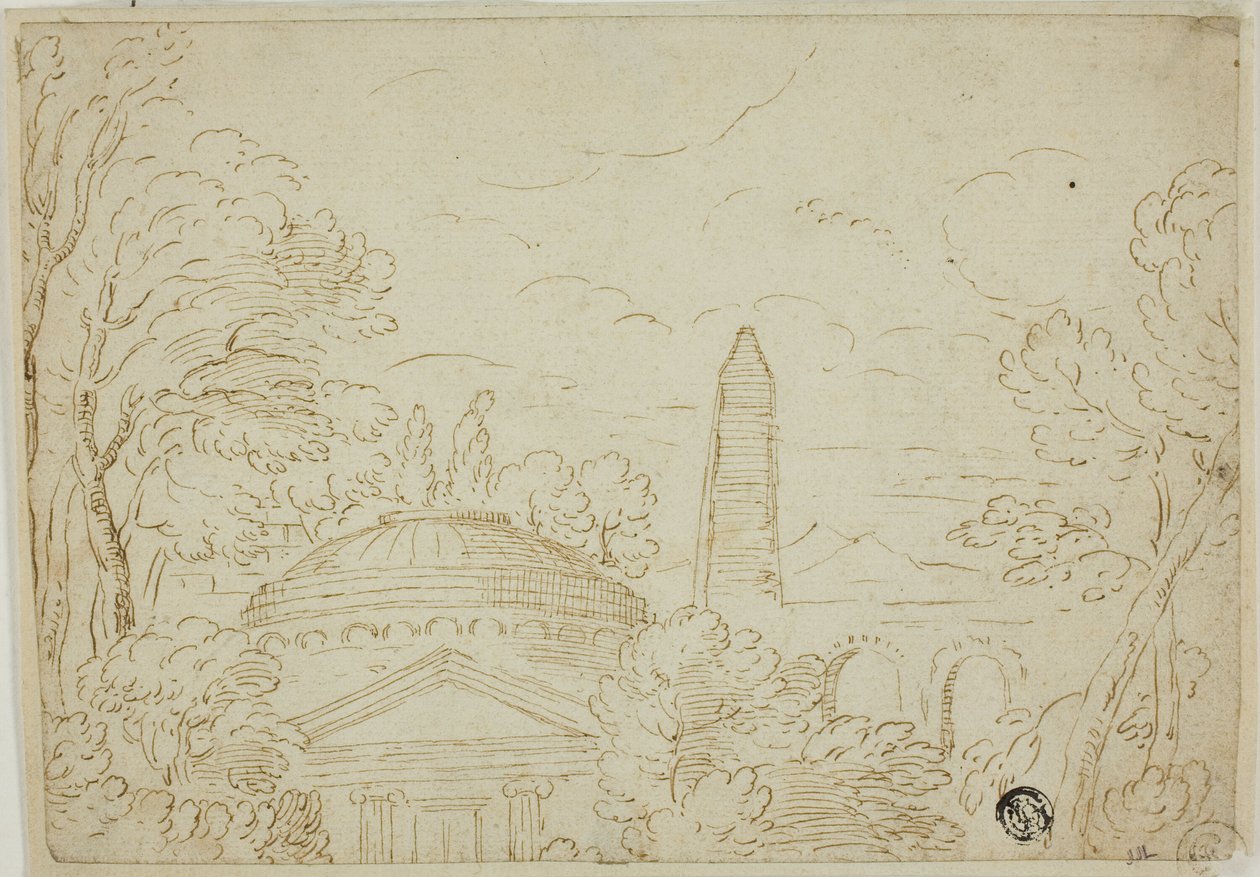 Landskab med tempel, obelisk og akvædukt af Giovanni Francesco Grimaldi