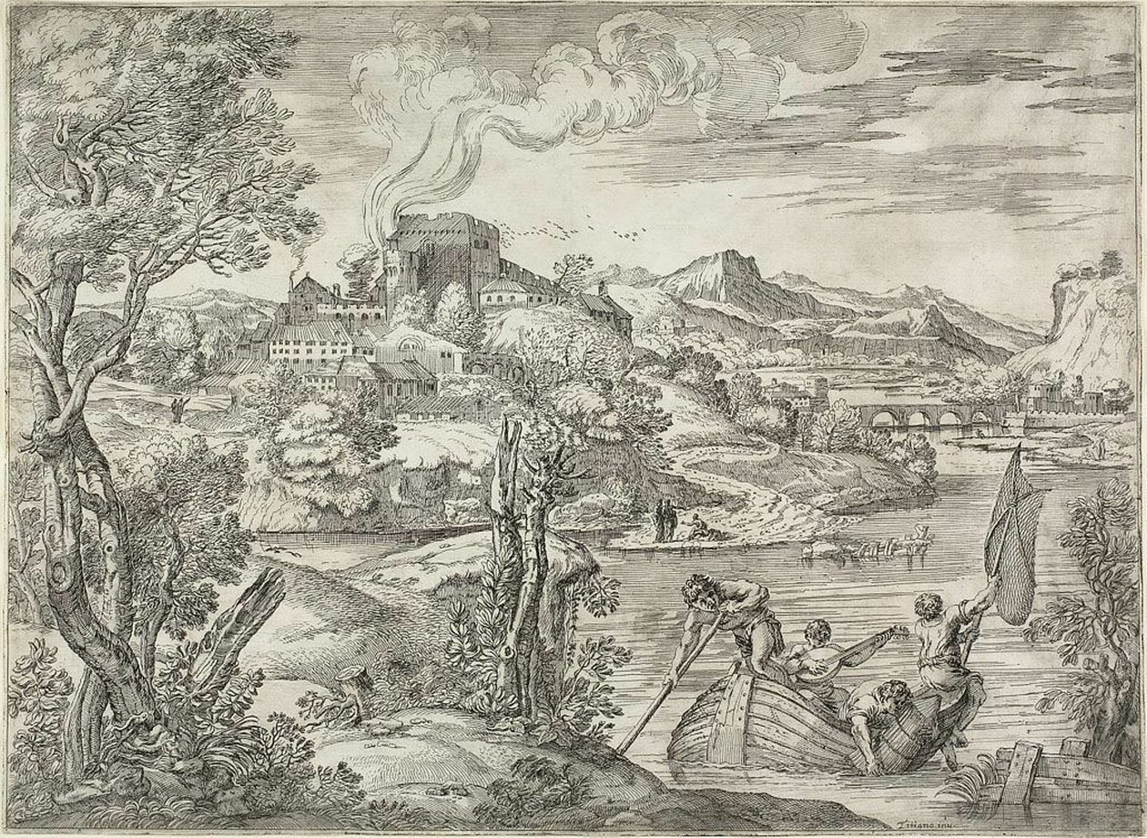 Landskab med en lutespiller af Giovanni Francesco Grimaldi
