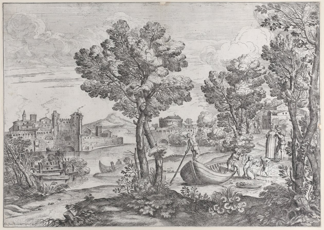 Landskab med en mand, der holder en slange til et rædselsslagent barn, overvåget af en moderigtigt dre..., 1626-80. af Giovanni Francesco Grimaldi