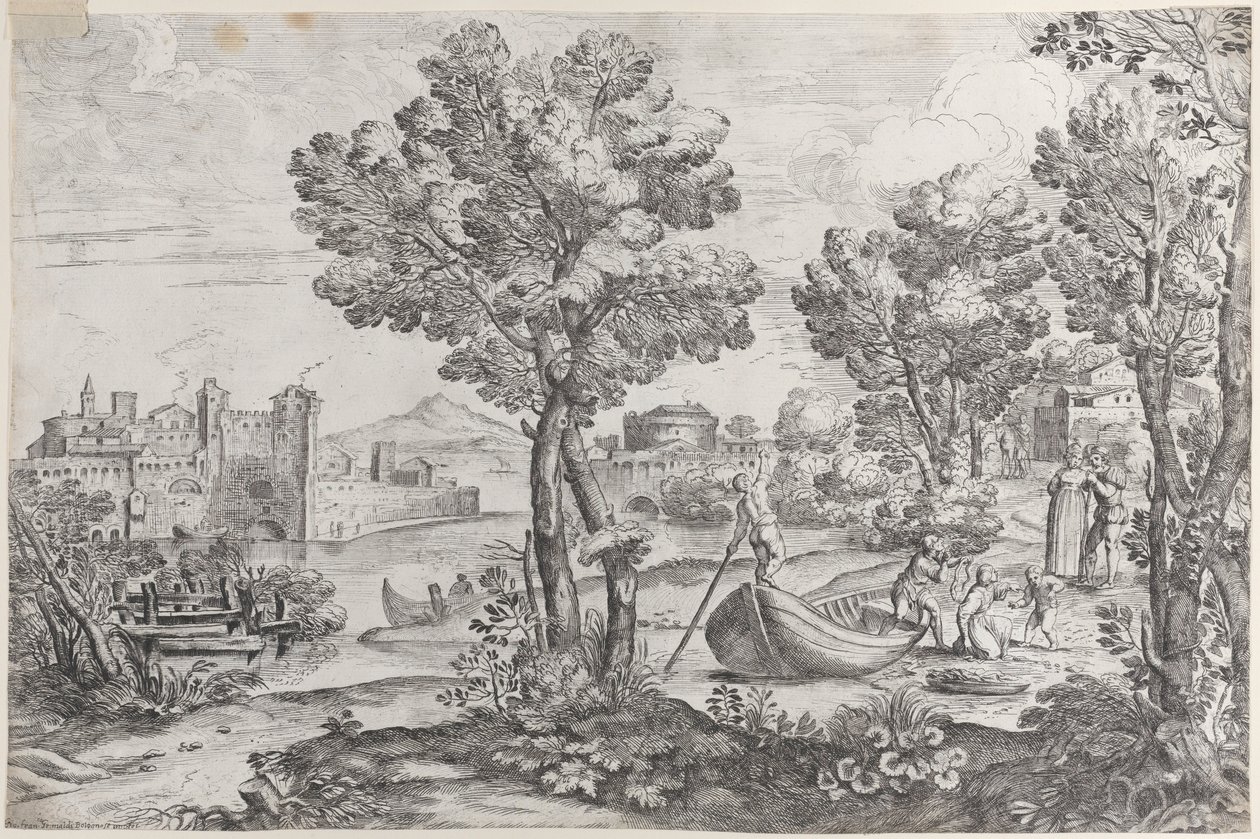 Landskab med en mand, der holder en slange til et rædselsslagent barn, overvåget af en moderigtigt dre..., 1626-80. af Giovanni Francesco Grimaldi