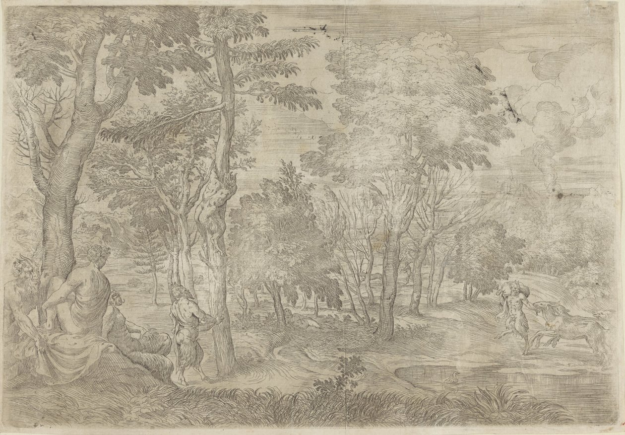 Landskab med nymfer og satyrer af Giovanni Francesco Grimaldi
