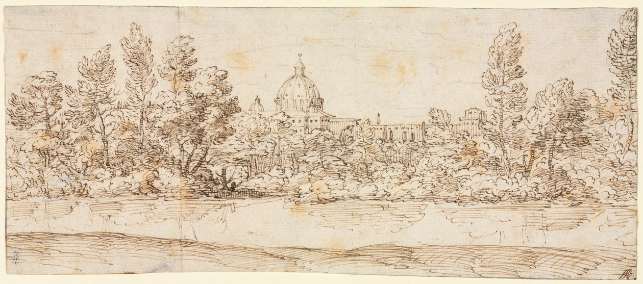 Flodlandskab med udsigt over Peterskirken, efter 1660. af Giovanni Francesco Grimaldi