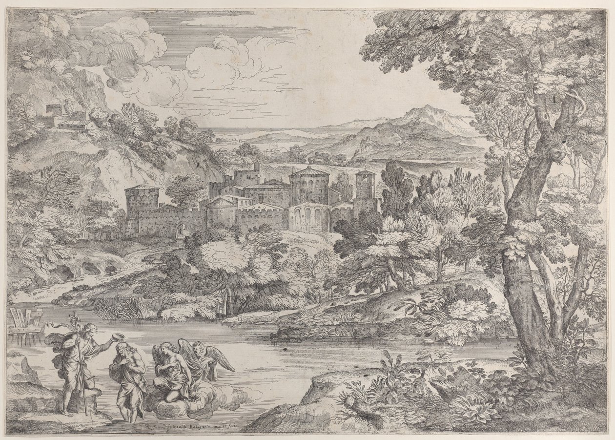 Kristi dåb nederst til venstre, i et landskab, 1626-80., 1626-80. af Giovanni Francesco Grimaldi